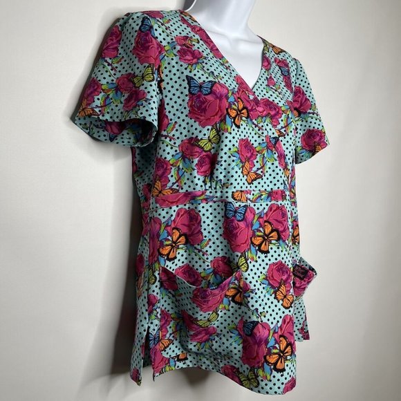 💜 3/$30 Betsey Johnson Calla Mock Wrap Scrub Top Polka Dots Roses Butterflies - Picture 3 of 8